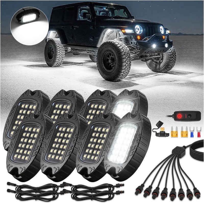 ZONECONA 8Pods Aluminum Housing Plug and Play All Pure White LED Rock Lights Kit with Switch Harness Wiring Extension,Quick Connect 6500K Metal Underglow 12V Waterproof for Jeep Trucks ATV UTV Offroad SXS RZR - Image 1